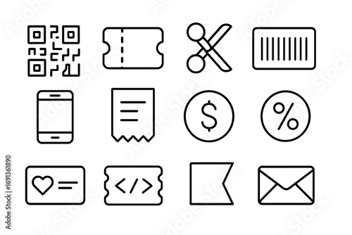 Digital Coupons Icons. Outline icon set of digital coupons: QR code, coupon ticket, scissors, barcode,