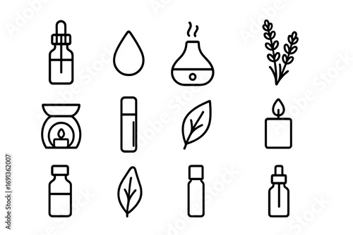 Essential Oils Icons. Outline icon set of essential oils: dropper bottle, oil drop, diffuser, lavender sprig,