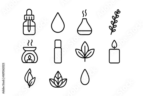 Essential Oils Icons. Outline icon set of essential oils: dropper bottle, oil drop, diffuser, lavender sprig,