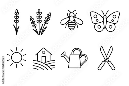 Lavender Field Icons. Outline icon set of lavender fields: lavender stalk, blooming flower, buzzing bee,