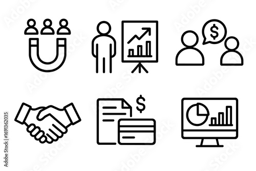 Revenue Cycle Icons. Outline icon set of revenue cycle: lead generation, prospecting, sales pitch, negotiation, closing, invoicing
