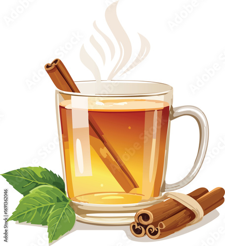 A glass mug of hot herbal tea with mint, a cinnamon stick, and star anise. A cozy and warm vector illustration for autumn or winter drinks. Generative AI