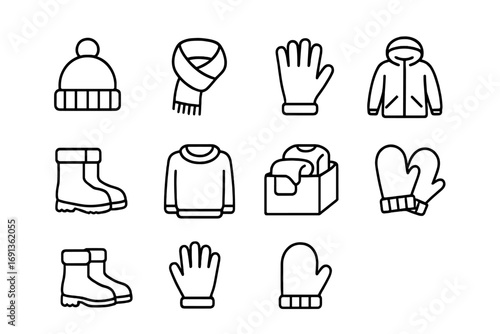 Winter Clothing Icons. Outline icon set of winter clothing drives: wool hat, scarf, gloves, warm coat, boots,