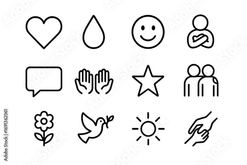 Emotional Support Icons. Outline icon set of emotional support: heart, tear drop, smiley face, hug, chat