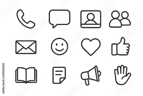Supportive Communication Icons. Outline icon set of supportive communication: phone, chat bubble, video call