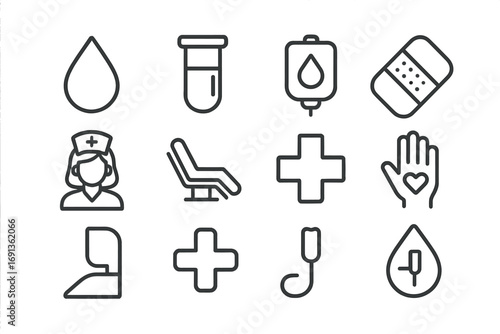 Blood Donation Icons. Outline icon set of blood donation events: blood drop, test tube, IV bag, bandage, nurse