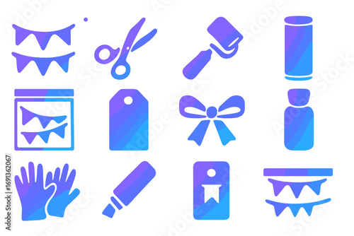 Fabric Crafting Icons. Gradient icons set of folding fabric garlands: garland fabric, scissors, seam roller, storage tube, zip bag