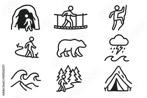 Facing Outdoor Fears Icons. Outline icon set of Facing fears outdoors: person looking into cave, crossing rope bridge, climbing