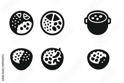 Rice and Beans Icons. Solid, filled icon set of rice and beans dishes: Caribbean plate, Mexican plate, Cajun pot, Cuban meal,