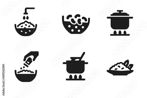 Rice and Beans Icons. Solid, filled icon set of rice and beans preparation steps: washing rice, soaking beans, boiling, simmering,