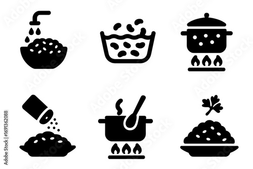 Rice and Beans Icons. Solid, filled icon set of rice and beans preparation steps: washing rice, soaking beans, boiling, simmering,