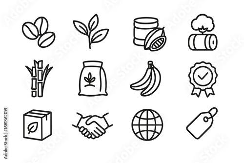 Fair Trade Icons. Outline icon set of fair trade agricultural products: coffee beans, cocoa pods, tea leaves, cotton bale,
