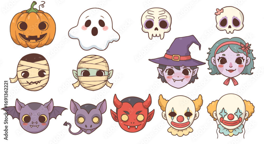 Obraz premium A collection of cute cartoon Halloween character heads and icons including pumpkins, ghosts, skulls, mummies, witches, vampires, devils, and clowns.