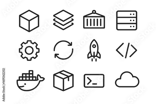 Software Container Icons. Outline icon set of software containers: cube, layered boxes, shipping container,