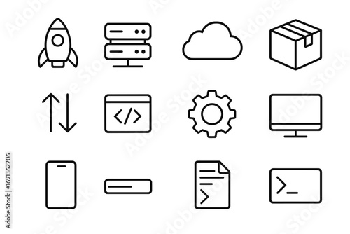 Software Deployment Icons. Outline icon set of software deployment: rocket, server, cloud, package, arrows,