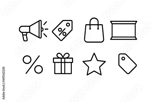 Promo Icon Set. Outline icon set of promo banner design: megaphone, discount tag, shopping bag, banner frame,