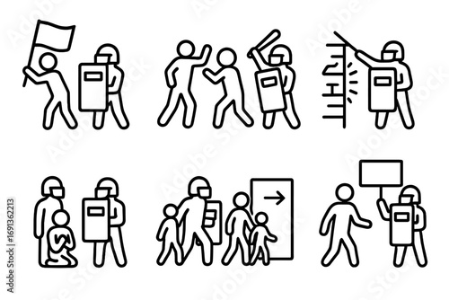 Riot Shield Icons. Outline icon set of riot shield scenarios: protest, riot, barricade breach, hostage rescue, crowd control,