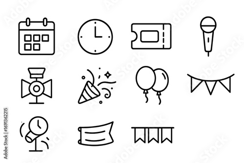 Event Icon Set. Outline icon set of event promotion banners: calendar, clock, ticket, microphone, spotlight,