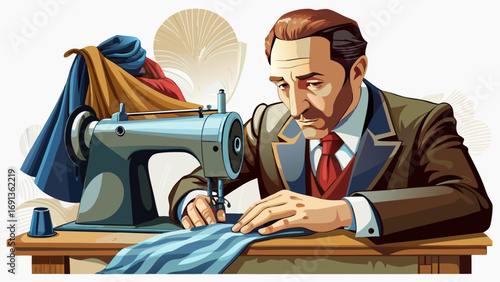 A tailor in classic atelier works with sewing machine on folded fabric. Isolated white background conveys elegance, precision, and handmade tradition of fashion craftsmanship.