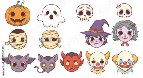 A collection of cute cartoon Halloween character heads and icons including pumpkins, ghosts, skulls, mummies, witches, vampires, devils, and clowns.