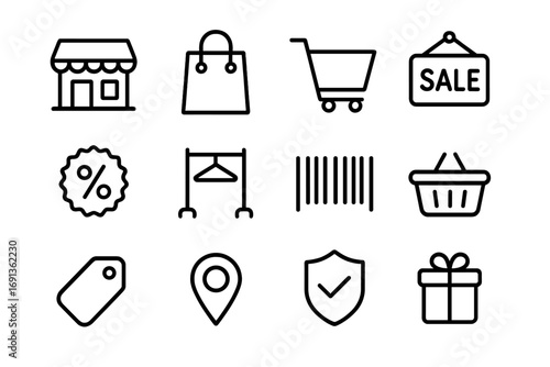 Retail Icon Grid. Outline icon set of retail store banners: storefront, shopping bag, trolley, sale sign,