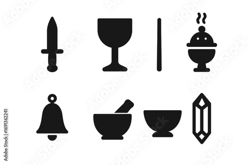 Ritual Tools Icons. Solid, filled icon set of ritual tools: athame, chalice, wand, incense burner, bell, mortar and pestle,