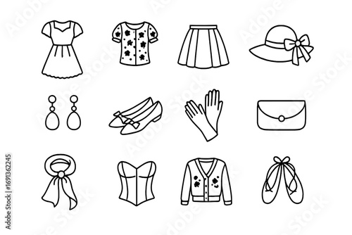Romantic Spring Outfits Icons. Outline icon set of romantic spring outfits: lace dress, floral blouse, tulle