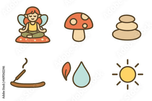 Fairy Yoga Scene. Flat vector mini-illustrations Fairy yoga on a mushroom platform in colors children's illustrations: fairy in