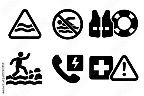 River Safety Icons. Solid, filled icon set of river safety signs: caution, no swimming, life vest, rescue ring, slippery rocks,