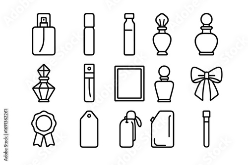 Perfume Bottle Icons. Outline icon set of perfume bottles and packaging: spray bottle, roll-on bottle, glass