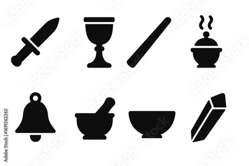 Ritual Tools Icons. Solid, filled icon set of ritual tools: athame, chalice, wand, incense burner, bell, mortar and pestle,
