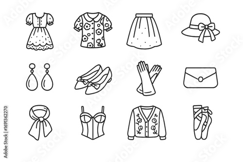 Romantic Spring Outfits Icons. Outline icon set of romantic spring outfits: lace dress, floral blouse, tulle