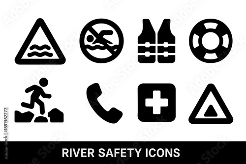 River Safety Icons. Solid, filled icon set of river safety signs: caution, no swimming, life vest, rescue ring, slippery rocks,