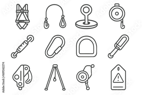 Fall Protection Icons. Outline icon set of fall protection equipment: full-body harness, lanyard, anchor point, lifeline reel,