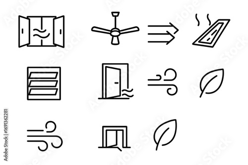 Natural Ventilation Icons. Outline icon set of natural ventilation: open window, ceiling fan, airflow arrows,