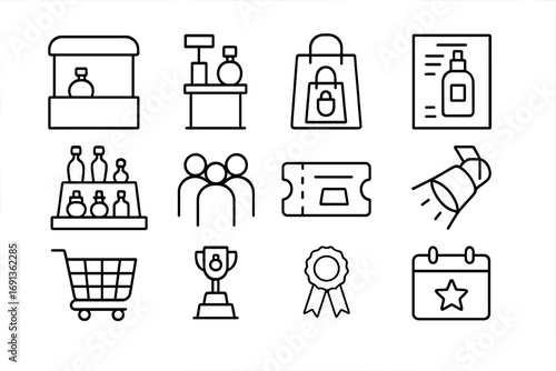 Perfume Festival Icons. Outline icon set of perfume festivals and fairs: exhibition booth, tester stand, gift