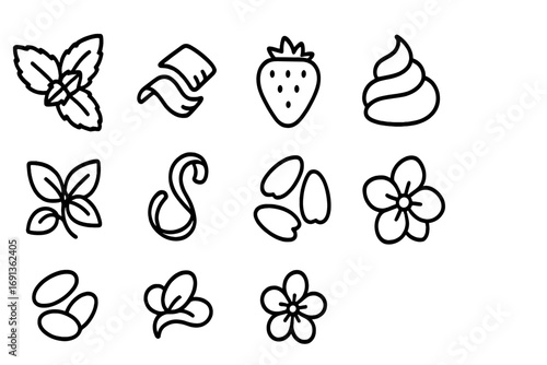 Dessert Garnish Icon Set. Outline icon set of garnish in desserts: mint sprig, chocolate shavings, strawberry,