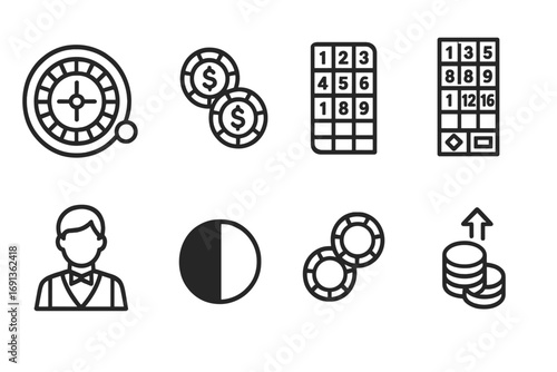 Roulette Icon Set. Outline icon set of roulette: roulette wheel, ball, betting chips, numbers, casino table, dealer, red and black