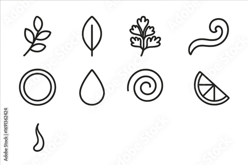 Garnish Icon Collection. Outline icon set of garnish aesthetics: sprig silhouette, leaf outline, small bunch