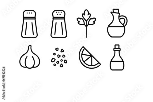 Garnish and Seasoning Icons. Outline icon set of garnish and seasoning: salt, pepper, garnish sprig, olive oil