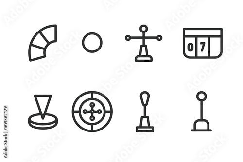 Roulette Wheel Icons. Outline icon set of roulette wheel parts: wheel segments, ball, spindle, pockets, numbers, marker, rotor,