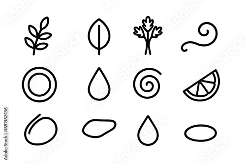 Garnish Icon Collection. Outline icon set of garnish aesthetics: sprig silhouette, leaf outline, small bunch