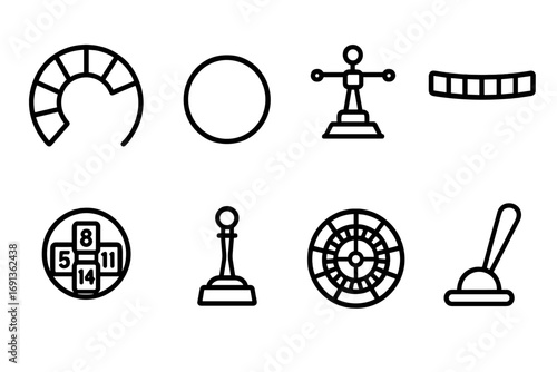 Roulette Wheel Icons. Outline icon set of roulette wheel parts: wheel segments, ball, spindle, pockets, numbers, marker, rotor,