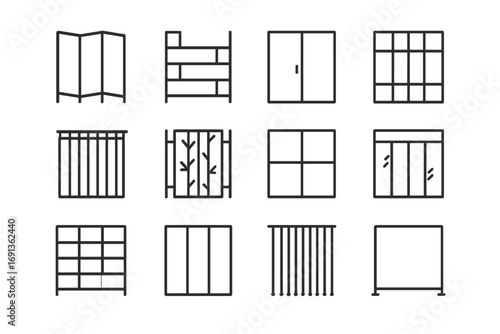 Room Divider Icons. Outline icon set of stylish room dividers: folding screen, open shelving, sliding door,