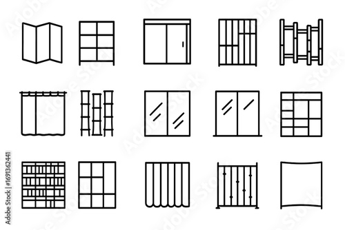 Room Divider Icons. Outline icon set of stylish room dividers: folding screen, open shelving, sliding door,