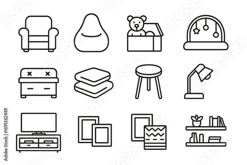 Living Room Icons. Outline icon set of family-friendly living rooms: recliner sofa, bean bag, toy chest, play