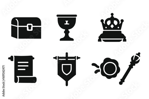 Royal Icon Set. Solid, filled icon set of royal objects: treasure chest, golden chalice, crown jewels, throne cushion, scroll,