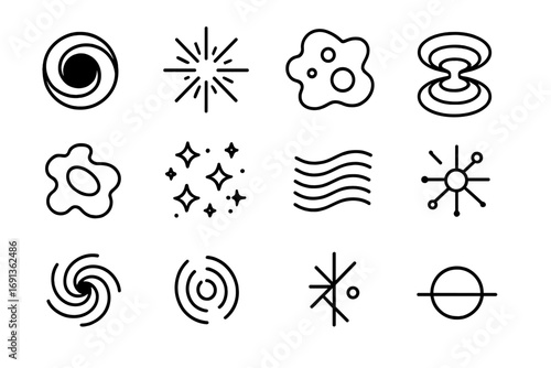 Cosmic Mystery Icons. Outline icon set of cosmic mystery exploration: black hole, energy burst, nebula cloud,