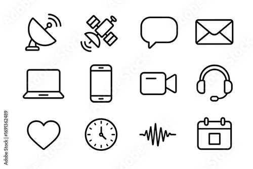 Family Communication Icons. Outline icon set of family communication across space: antenna dish, relay satellite, message bubble,
