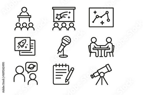 Space Mystery Icons. Outline icon set of space mystery conferences: speaker podium, audience, projector screen